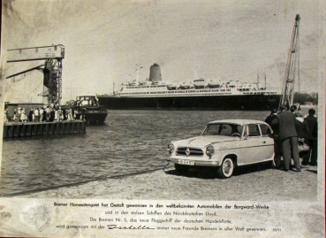 Borgward Isabella vor Norddeutsche Lloyd Schiff "Bremen" 1959 Werksfoto (10421)
